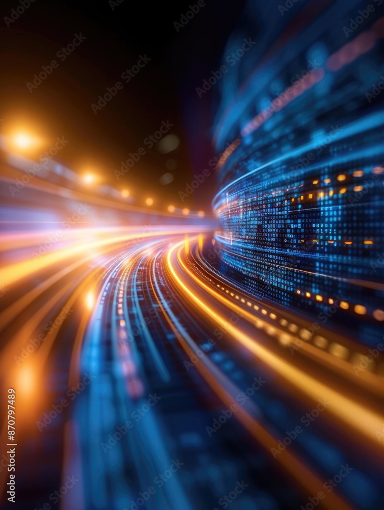 Aufkleber high-speed data flow in a digital network with vibrant light trails, representing technology and fut