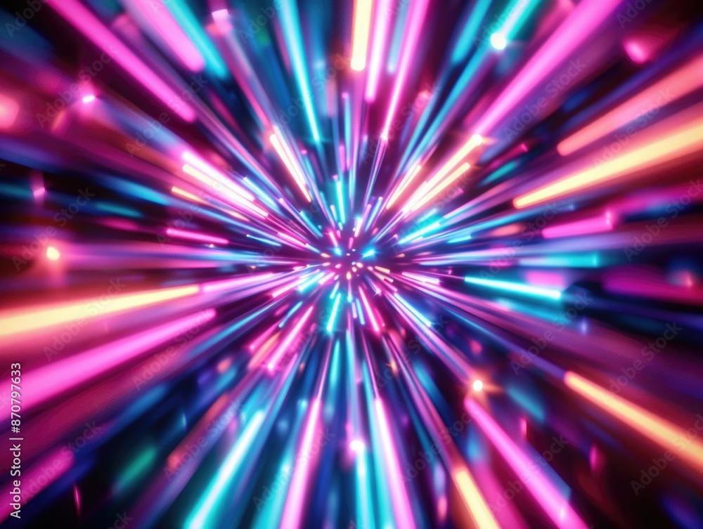 Poster vibrant abstract light beams in neon colors, creating a dynamic and futuristic visual effect, perfec