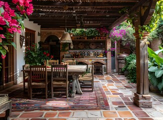 Rustic outdoor kitchen and dining area with colorful Mexican tile and patterned rug