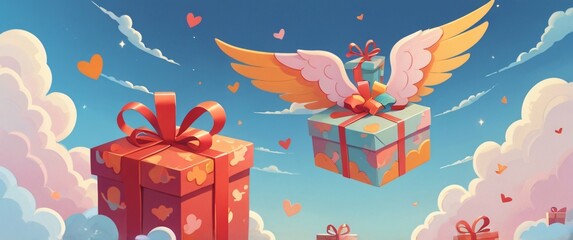 illustration flying giftbox with wings in the blue sky