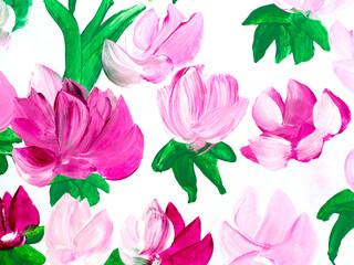 Fototapeta premium Pink abstract flowers, original hand drawn, impressionism style, color texture, brush strokes of paint, art background.