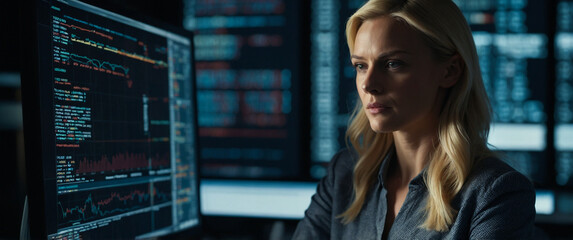 A blonde woman is sitting in front of a computer monitor in a dark room and a blue neon screen with a serious expression on her face. A blonde woman in a digital technology laboratory.