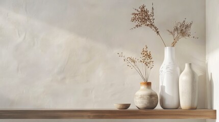 Ceramic handmade vases in a minimalist style on a shelf in the wall. with Copy space
