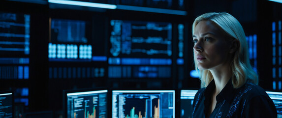 A blonde woman is sitting in front of a computer monitor in a dark room and a blue neon screen with a serious expression on her face. a woman is looking at the screen, working on analyzing data