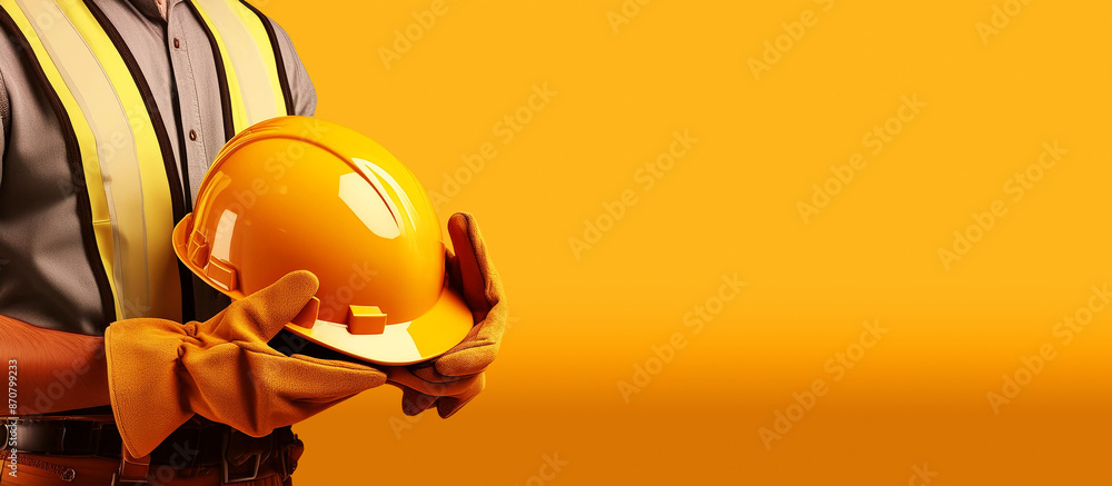 Poster manual worker with protective work gloves holding a yellow safety helmet on a yellow and orange back