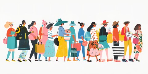 Fototapeta premium A group of people are walking down a street, some of them carrying shopping bags. The image has a lively and bustling atmosphere, with people of different ages and styles walking together
