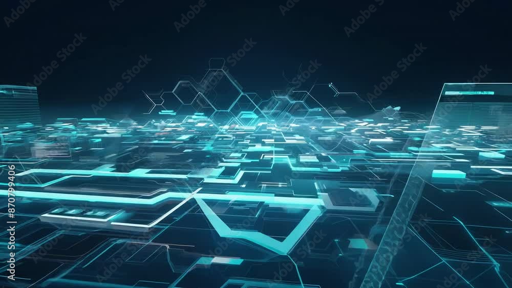 Poster futuristic digital cityscape with neon lights and hexagonal patterns