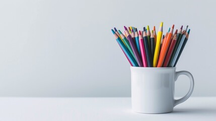 Fototapeta premium Color pencils arranged in a mug on a plain white surface, with copy space