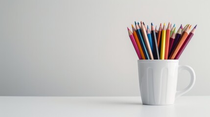 Color pencils arranged in a mug on a plain white surface, with copy space