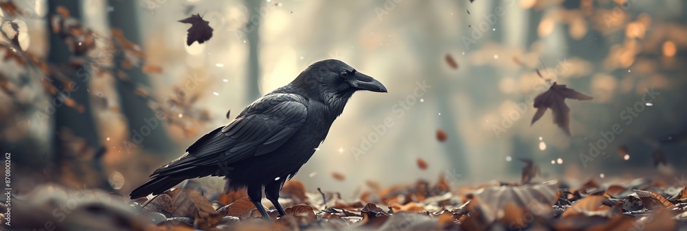 Poster a black crow is standing on a pile of leaves. the image has a moody and mysterious feel to it, as th