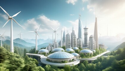 Naklejka premium A futuristic city powered entirely by renewable energy sources surrounded by lush forests.