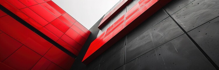 A tall building with red and black walls is photographed from below