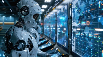 Fototapeta premium A team of data scientists is deeply engrossed in analyzing complex algorithms displayed on multiple screens, while AI-powered robots assist in the background.