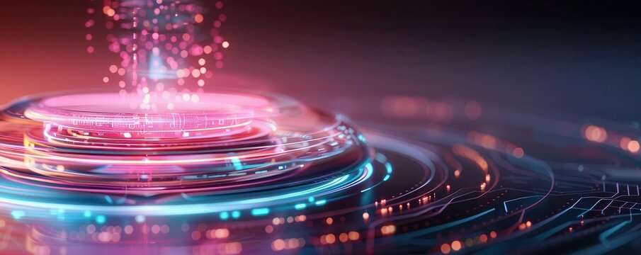 Abstract glowing neon rings and particles in vibrant pink and blue colors.
