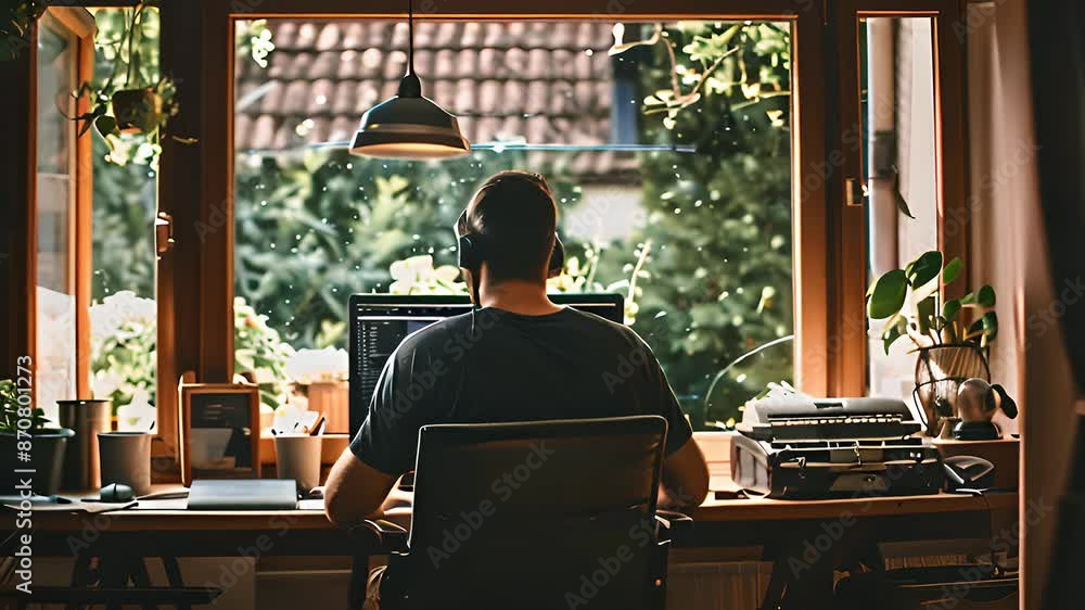 Poster a man works on his computer in his home office with a view of trees through the window