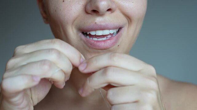 Cropped shot of a young caucasian woman flossing her teeth on a dark grey background. Oral hygiene, dental health care, morning and evening routine. Close-up. Dentistry concept