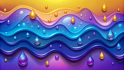 Fototapeta premium A vibrant scene features abstract waves in rich blues and purples interspersed with colorful drops of water. Yellow and orange gradients highlight the background, dynamic and eye-catching.AI generated