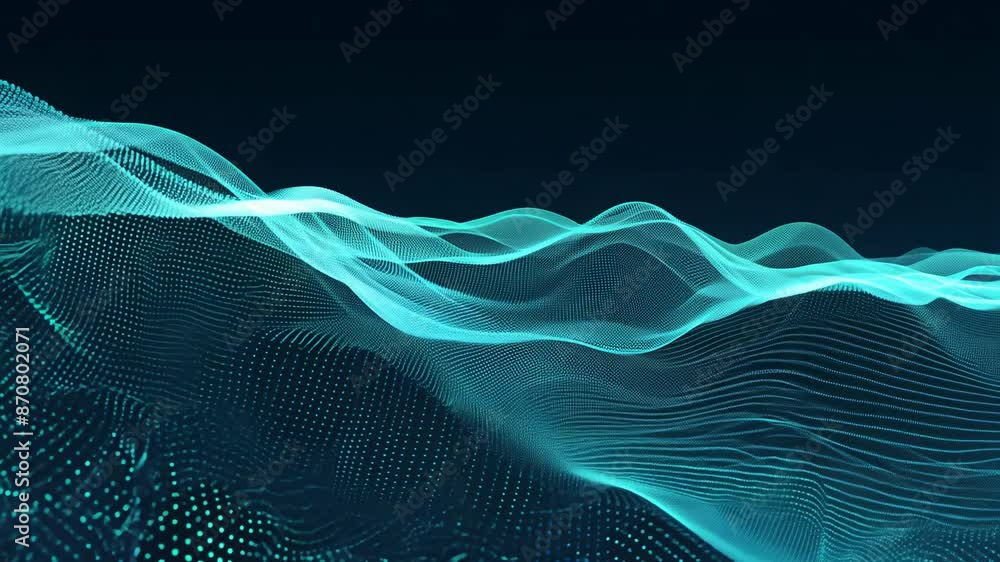 Poster abstract blue digital waves with flowing lines on dark background