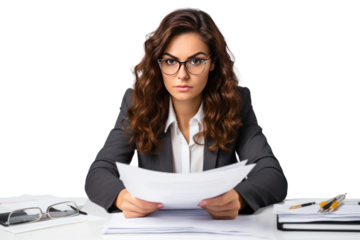 A businesswoman looks serious, focused, and is checking documents. Read the document carefully on a white background