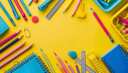 Top view of stationery items like rulers, erasers, and pencils bordering a bright yellow backdrop, ideal for educational promotion.