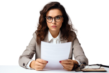 A businesswoman looks serious, focused, and is checking documents. Read the document carefully on a white background
