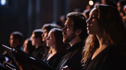 Close up of people choir members holding singing book while performing in a cathedral