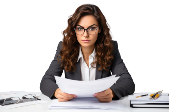 A businesswoman looks serious, focused, and is checking documents. Read the document carefully on a white background - Powered by Adobe