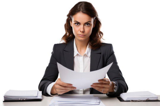 A businesswoman looks serious, focused, and is checking documents. Read the document carefully on a white background