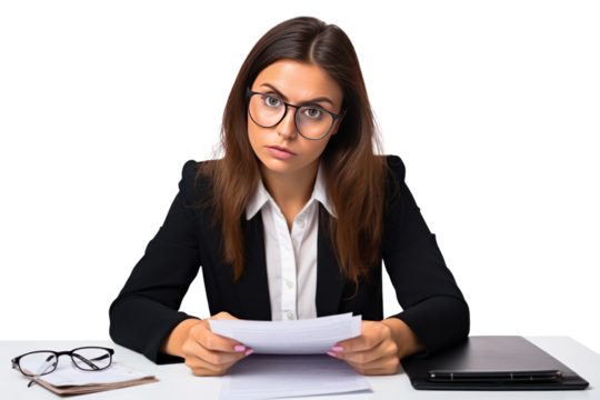 A businesswoman looks serious, focused, and is checking documents. Read the document carefully on a white background