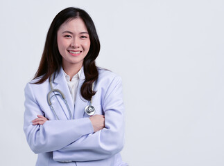 A beautiful Asian women doctor in work clothes with a smile