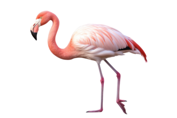 A flamingo stands on one leg, eyes closed, resting, relaxed pose. smooth feathers and quiet atmosphere isolated on white background.
