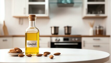almond oil in a bottle with no label isolated on a whi background