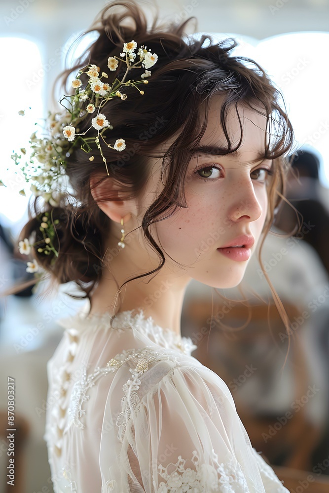 Sticker Beautiful Woman with White Flowers in her Hair