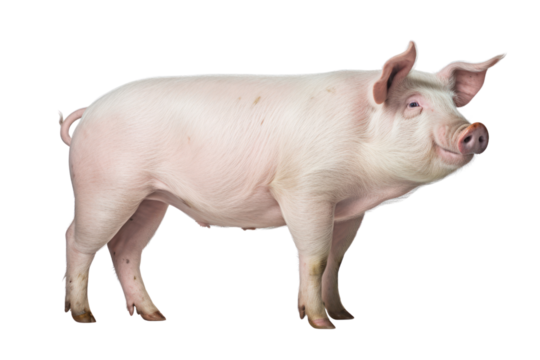 adult pigs standing on a white background Clearly shows the size and proportions of the pigs. Highlight the details of the pig's fur, clever eyes, and graceful posture.