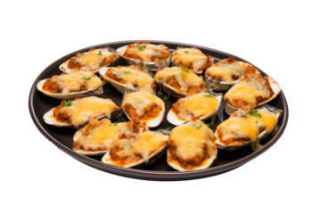 Baked Mussels with Cheese Isolated components on a white background. Showing mussels melted cheese and biscuits clearly isolated on a white background