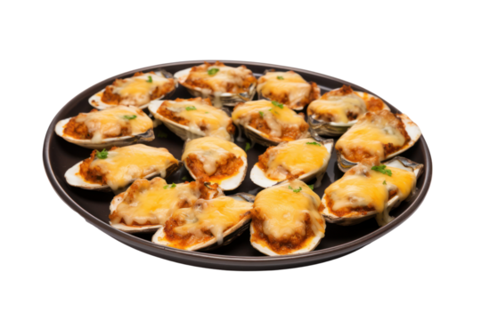 Baked Mussels with Cheese Isolated components on a white background. Showing mussels melted cheese and biscuits clearly isolated on a white background