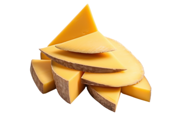 Brichy cheese, slices isolated on white background Shows a hard, dark yellow, brown shell