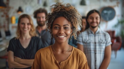 Fototapeta premium a diverse team in an inclusive workspace, showcasing varied backgrounds and perspectives in a welcoming office setting, emphasizing the importance of diversity and inclusion.