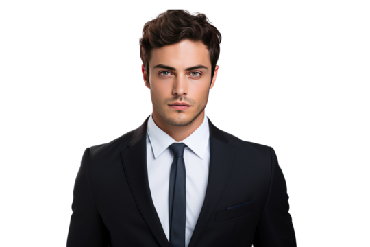 business man wearing a suit Appear confident, serious, and ready to work. Look confidently at the camera on a white background
