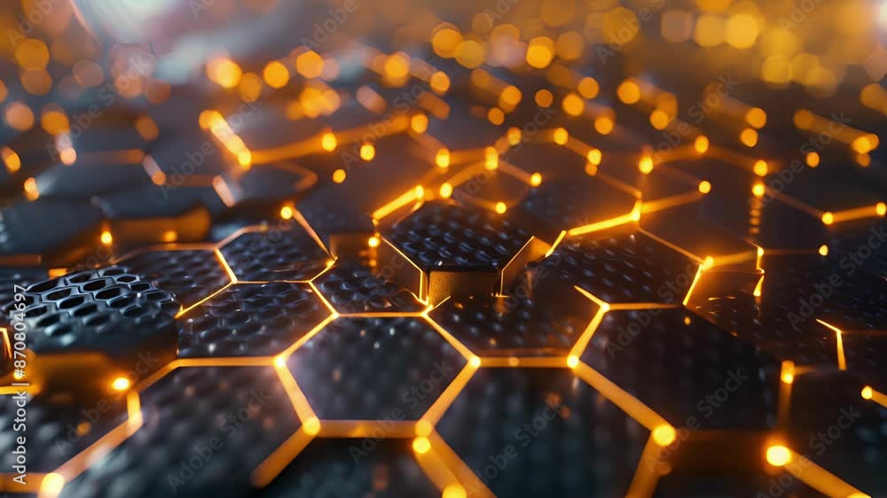 Poster a digital representation of a honeycomb with hexagons appearing to be in constant motion.