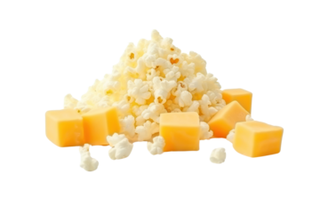 Caramel Popcorn Isolated pieces on a white background Shows white, swollen popcorn kernels. Rich golden caramel and salt clearly