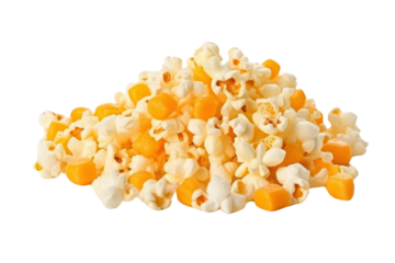 Caramel Popcorn Isolated pieces on a white background Shows white, swollen popcorn kernels. Rich golden caramel and salt clearly