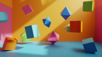 Colorful Geometric Shapes Floating in a Room With Orange, Pink, and Blue Walls