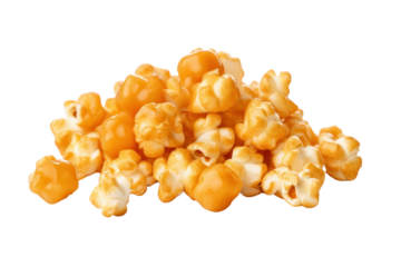 Caramel Popcorn Isolated pieces on a white background Shows white, swollen popcorn kernels. Rich golden caramel and salt clearly
