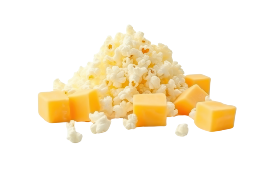 Caramel Popcorn Isolated pieces on a white background Shows white, swollen popcorn kernels. Rich golden caramel and salt clearly