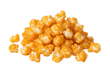 Caramel Popcorn Isolated pieces on a white background Shows white, swollen popcorn kernels. Rich golden caramel and salt clearly