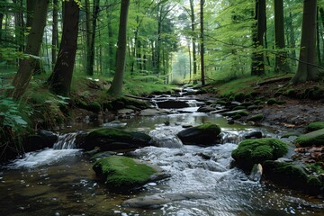 Obraz premium Small river flowing through a green forest