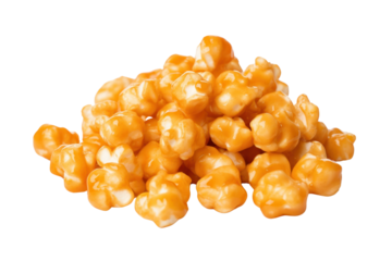 Caramel Popcorn Isolated pieces on a white background Shows white, swollen popcorn kernels. Rich golden caramel and salt clearly