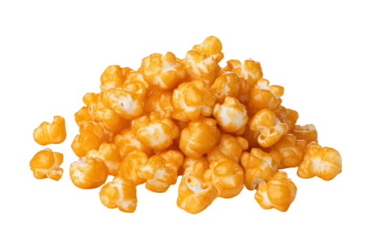 Caramel Popcorn Isolated pieces on a white background Shows white, swollen popcorn kernels. Rich golden caramel and salt clearly
