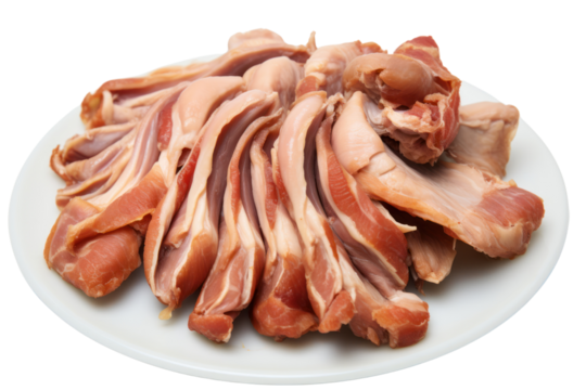 Chicken entrails. Detailed components separated on white background. Emphasis on the details of chicken that is fresh, free of bruises, and that the fat is evenly distributed.